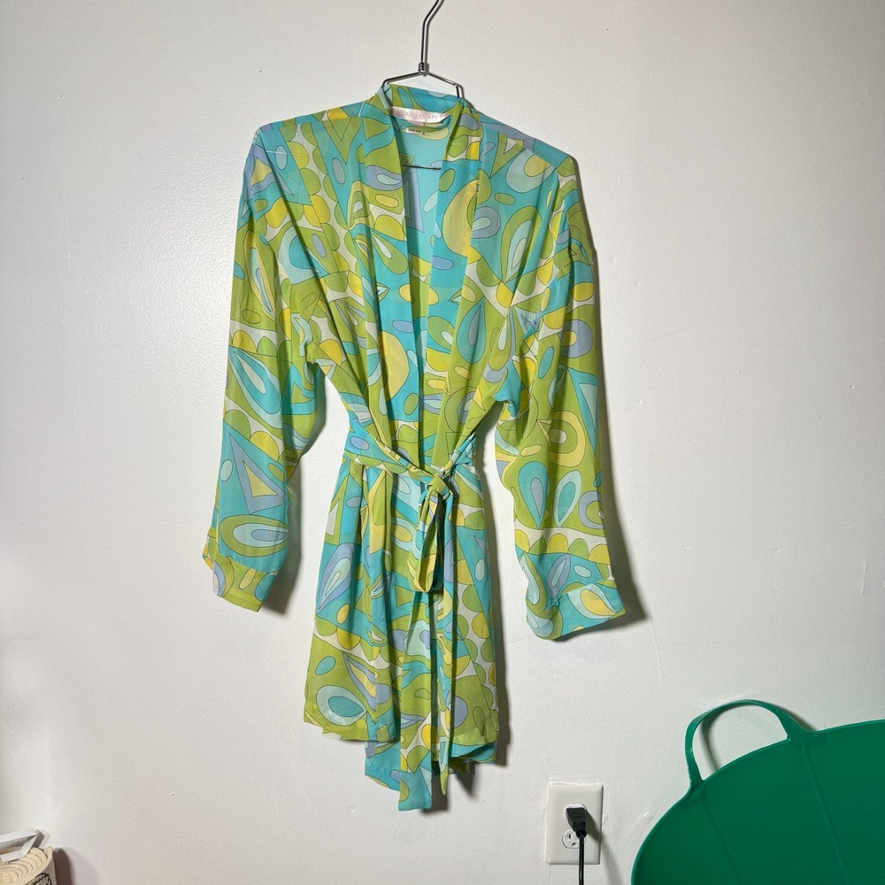 Victoria Secret Robe Womens OS Green Blue Retro Abstract Sheer Chiffon